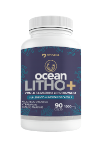 Frasco do suplemento Ocean Litho+ com alga marinha Lithothamnium, 90 cápsulas de 1000mg.